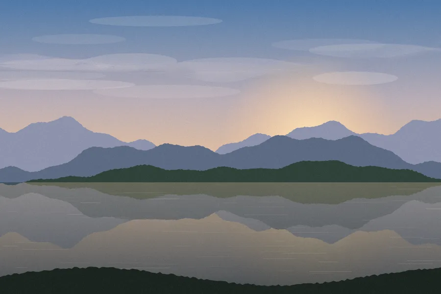The same lake at sunset with the boat, buoy and power lines removed