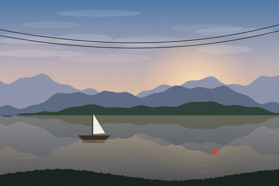 Lake at sunset with a sailing boat, a red buoy and two power lines across the sky