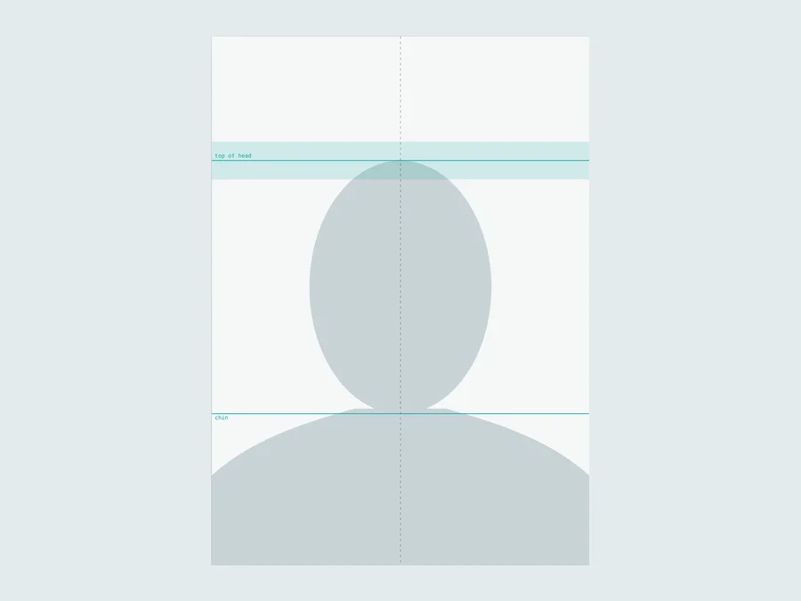 Canadian passport photo layout, 50 by 70 millimetres, with head height guide