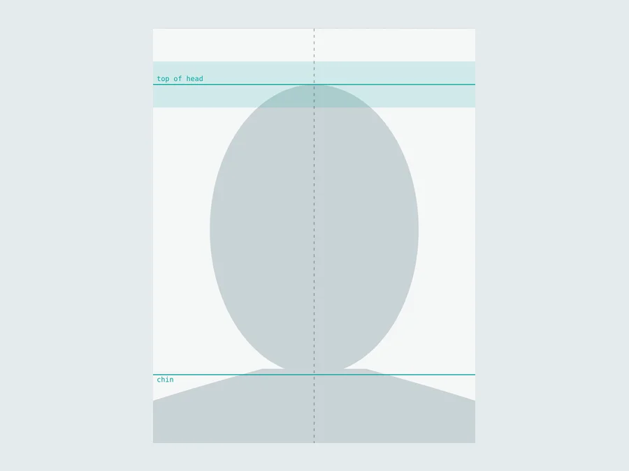UK passport photo layout, 35 by 45 millimetres, with head height guide