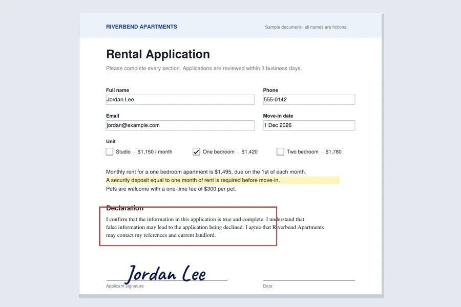 Rental application with filled fields, a ticked box, a highlighted line and a signature