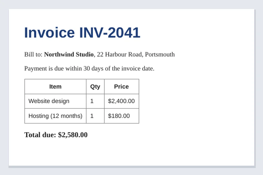 Invoice INV-2041 with a total of $2,580 and 30-day payment terms